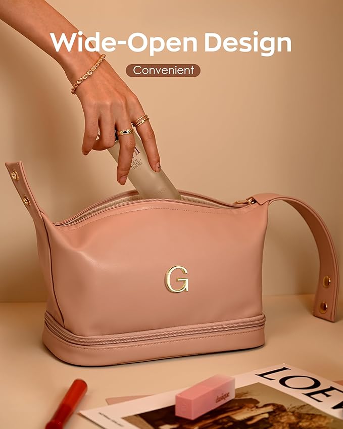 Birthday Gifts for Women, Personalized Makeup Bag with Handle, Initial Double Layer Cosmetic Bag with Makeup Brush Organizer, PU Leather Travel Toiletry Bag, Gifts for Friends Female Mom