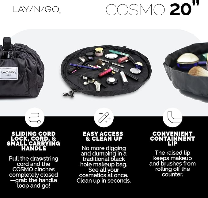 Lay-n-Go Cosmo Drawstring Cosmetic & Makeup Bag Organizer - Portable Drawstring Makeup Bag w/Zipper Pocket, Makeup Loops & More - Durable, Machine Washable Toiletry Bag (20", Comfort/White)