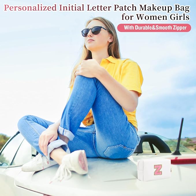 Personalized Initial Letter Patch Makeup Bag, Preppy Portable Chenille Letter Cosmetic Bag with Zipper, PU Leather Waterproof Travel Toiletry Bag Monogram Make Up Pouch for Women Girls(Letter Z)