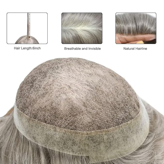 FACE MIRACLE Toupee for Men French Lace Hairpiece Human Hair Replacement System Skin PU Mens Toupee Hair Wigs for Man V-Looped Front Hair Prosthesis 6"X8" #580 5# MEDIUM LIGHT BROWN WITH 80% GREY