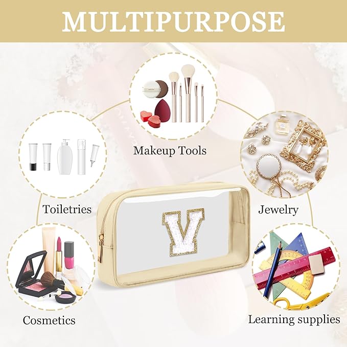 Small Clear Personalized Initial Makeup Bag, Preppy Nylon A-Z Chenille Letter Patch Makeup Organizer TSA Approved Travel Toiletry Bag,Waterproof Zip Beach Cosmetic Pouch Purse for Women(Beige-White V)