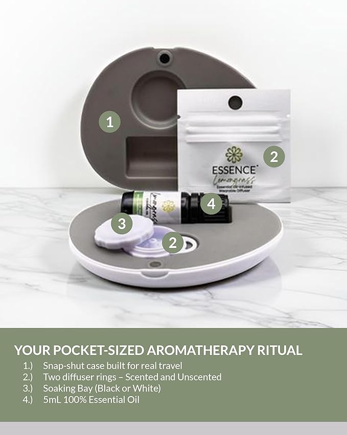 Essence Pearl Travel Case - Wearable Aromatherapy Kit with Nasal Diffuser Rings, Soaking Bay, and 5mL Essential Oil – Portable Wellness Gift Set for On?The?Go Self Care