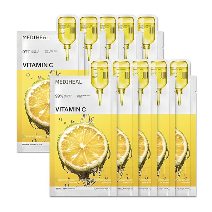 Mediheal Vitamin C Essential Sheet Mask Clear Toning 10 pcs. 99% Pure Vitamin C & 10 Vita Actives for hydration, blemish. Vegan formula