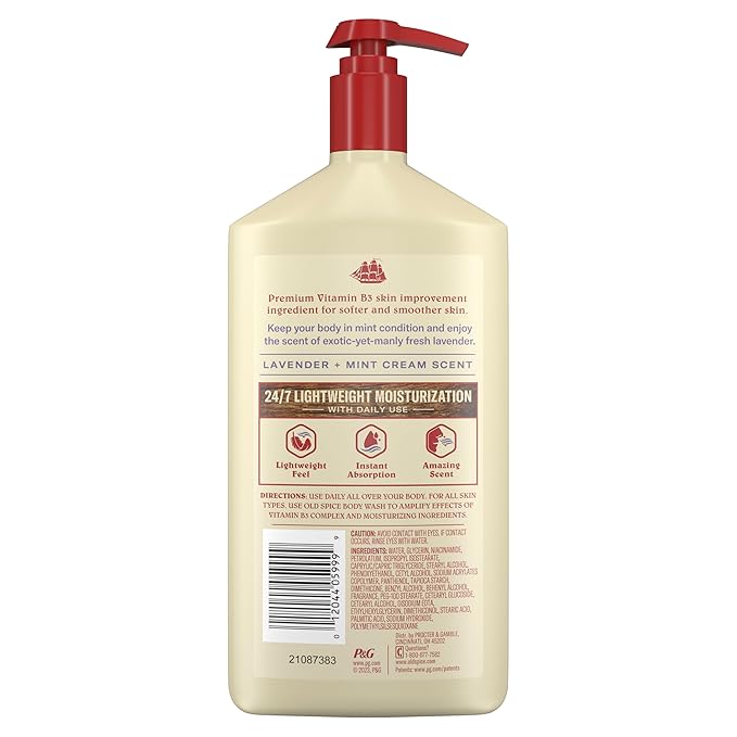 Old Spice Hand, Face & Body Lotion for Men, 24/7 Lightweight Moisturization with Vitamin B3, Instant Absorption, For All Skin Types, Lavender + Mint Cream Scent, 16 oz