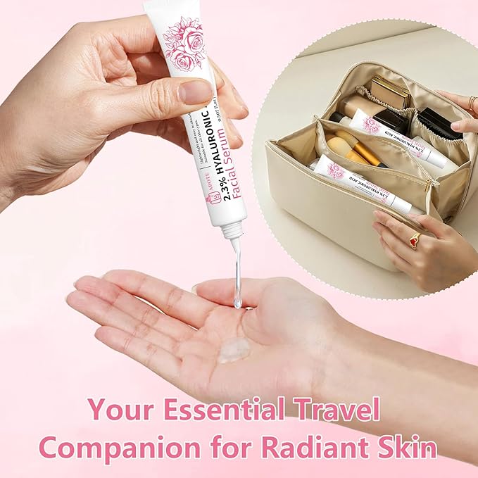 Travel Skincare 2.3% Hyaluronic Acid Serum for Face with 5% Rosa Rugosa Flower Water Deep Moisturizing Anti-Wrinkle (3Pack-Each 0.507 fl.oz | 15ml)