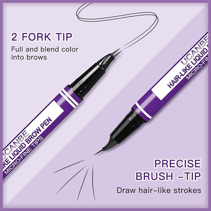 UCANBE Curved Eyebrow Pencils for Women with Spoolie Brush,Dual-Ended Eyebrow Pen with 2-Fork-Tip&Precise Brush-Tip,Microblading Brow Pen for Hair-Like Brows,Waterfool, Long Lasting,Soft Brown