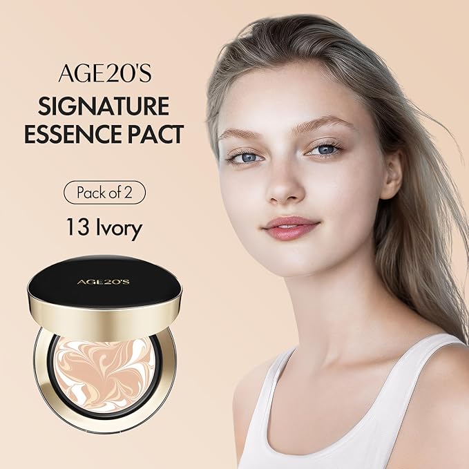 AGE20'S Signature Essence Pact SPF 50+ | Pack of 2 | 13 Ivory | Cream Foundation, Dewy Finish, Natural Coverage | Korean Cushion Foundation