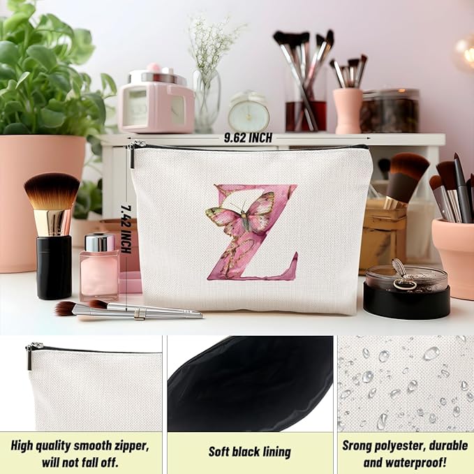 Initial Makeup Bag Pink Butterfly Z Personalized Cosmetic Bag Monogrammed Gifts for Women Girls Her Bridesmaid Monogram Zipper Pouch for Friendship Mothers Day Birthday Wedding Bridal Shower Gifts