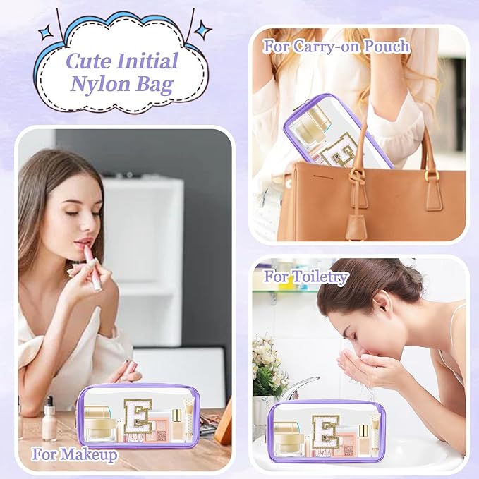 Small Clear Personalized Initial Makeup Bag,Nylon Preppy A-Z Chenille Letter Patch Cosmetic Pouch Beach Toiletry Bag,Waterproof Zip Travel Purse Storage Bag Organizer for Women Girls(Purple-White E)