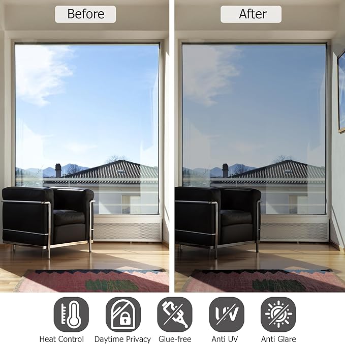 HIDBEA One Way Privacy Window Film, Daytime Privacy Sun Blocking Anti UV Reflective Window Film Heat Control Static Cling Window Tint Film for Home and Office, Silver, 17.35 x 196.8 Inch