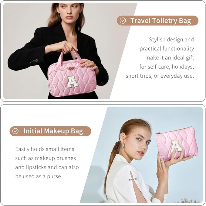 YOOLIFE Travel Toiletry Bag for Women - Hanging Toiletry Bag Makeup Bag, Portable Toiletries Travel Bag and Cosmetic Bag Essentials - Letter W Pink