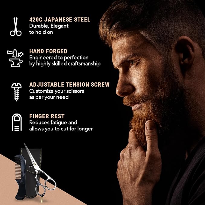 Ontaki 5.5-Inch Japanese Mustache & Beard Scissors - Left-Handed Silver 420C Steel - Hand-Forged & Left-Handed Beard Shears - Ergonomic & Hair Scissors - Comb & Pouch & Barber Shears for Facial Hair