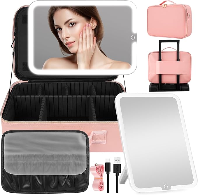 15''X11'' Makeup Bag with Removeable Lighted Mirror, Travel Makeup Case with 3 Color Lights Dimmable Brightness, Large Capacity Cosmetic Organizer Case with Detachable Dividers & Shoulder Strap