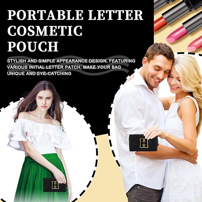 Personalized Initial Letter Patch Makeup Bag, Preppy Portable Chenille Letter Cosmetic Bag with Zipper, PU Leather Waterproof Travel Toiletry Bag Monogram Make Up Pouch for Women Girls