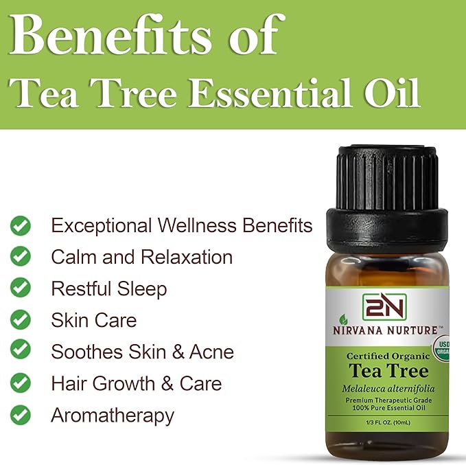 Tea Tree Essential Oil USDA Certified Organic, 100% Pure Natural Premium Grade, Undiluted- Aromatherapy Diffuser for Calm and Relaxation, Skin Care, Hair Care