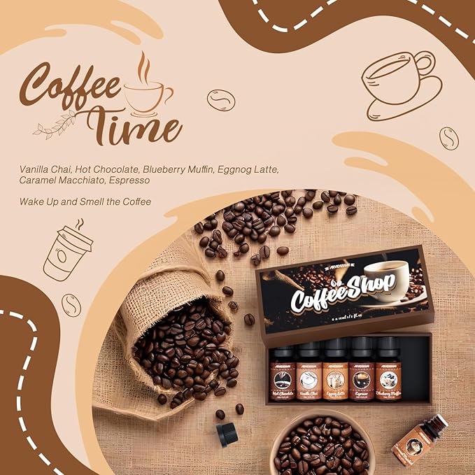 ARVIDSSON Coffee Fragrance Oils Set, Premium Essential Oils for Diffuser, Espresso, Vanilla Chai, Hot Chocolate, Blueberry Muffin, Eggnog Latte, Caramel Macchiato, Coffee Shop Scented Oils