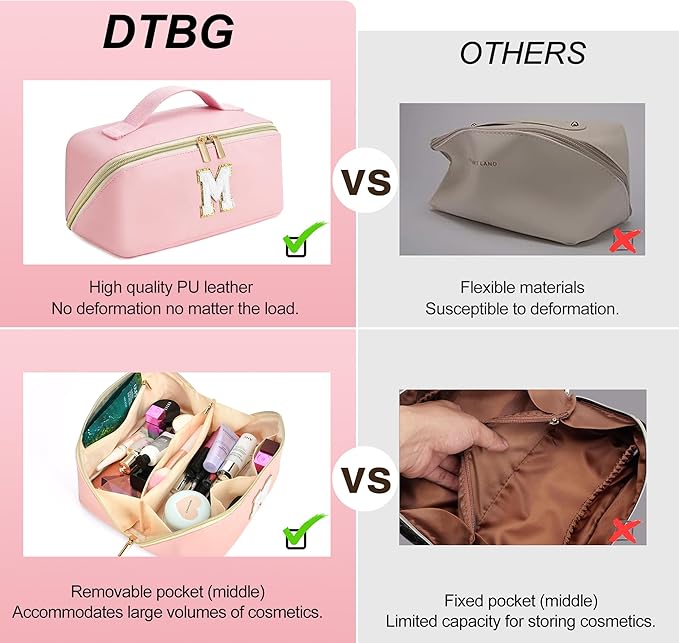 for Christmas Day Gifts, Makeup Bag for Women, PU Leather Travel Toiletry Bags, Initial Make Up Cosmetic Pouch for Teen Girls, Wide Open Portable Skincare Bag, Personalized Birthday Gifts, Pink R