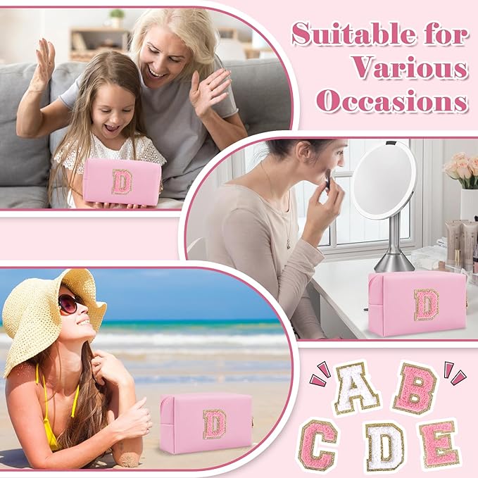 Personalized Initial A-Z Preppy Patch Makeup Bag,Small PU Leather Chenille Letter Cosmetic Bag with Zipper for Teen Girls,Pink Cute Travel Toiletry Bag,Birthday Monogrammed Gift for Daughter,Letter D