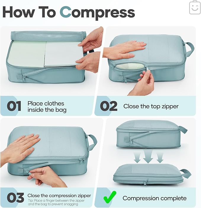Veken 11 Set Compression Packing Cubes for Travel Essentials,Compressible Expandable Large Luggage Suitcase Organizer Bags for Clothing,Durable Space Saver Storage Bags with Toiletry Bags(Blue Gray)