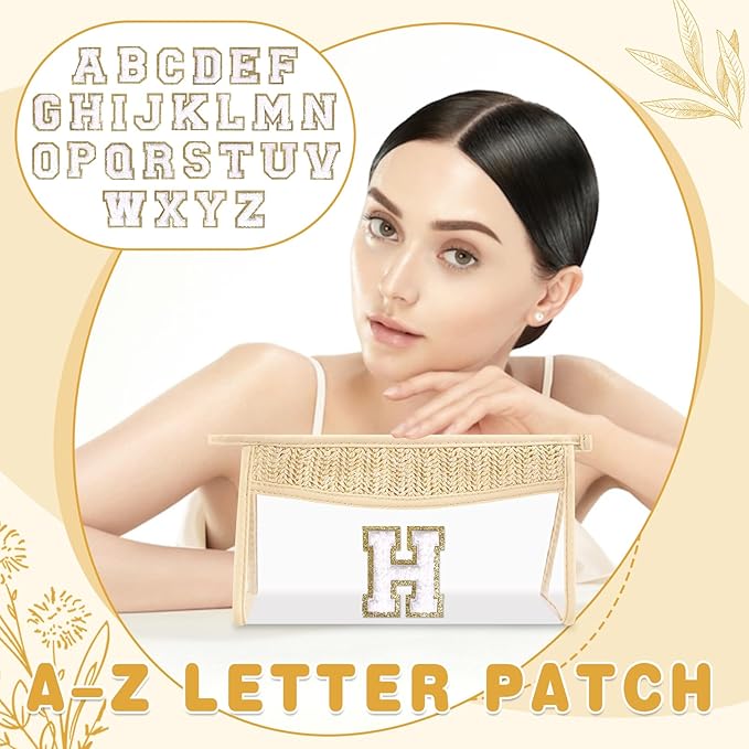 Personalized Initial Letter Bag Boho Straw Clear Makeup Bag,Small Cute Chenille Varsity Letter Pouch With Zipper,Beach Travel Toiletry,Portable Monogrammed Cosmetic Bag for Women Girls,H