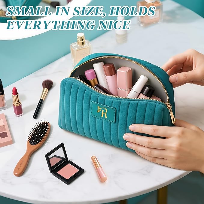 Monogrammed Make Up Bags for Women,Personalized Cosmetic Bags Women,Small Quilted Makeup Pouch,Cute Makeup Bag Travel,Birthday Gifts for Teen Girl (Blue R)