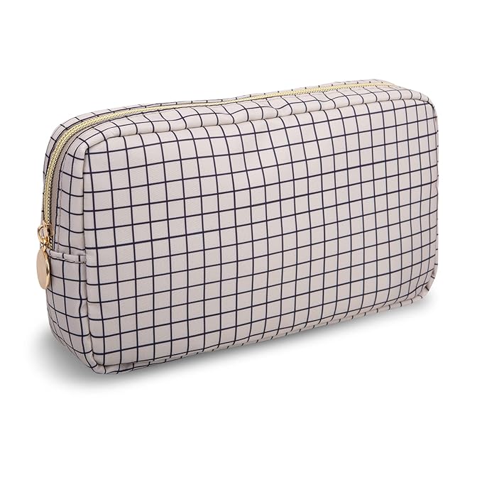 Small Makeup Bag Pouch for Purse，Nylon Travel Toiletry Storage Bag Preppy Checkered Cosmetic Bag for Women Girls，Waterproof Makeup Organizer Bag Pouch Skincare Bag with Zipper (Small-Checkered)