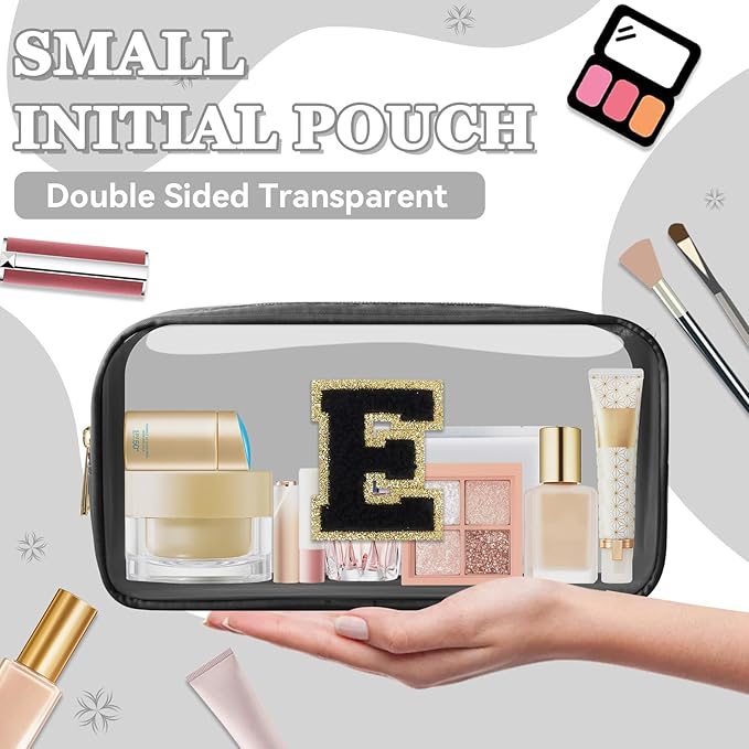 Small Clear Personalized Initial Makeup Bag,Nylon Preppy A-Z Chenille Letter Patch Cosmetic Pouch Beach Toiletry Bag,Waterproof Zipper Travel Purse Storage Bag Organizer for Women Girls(Black-Black E)