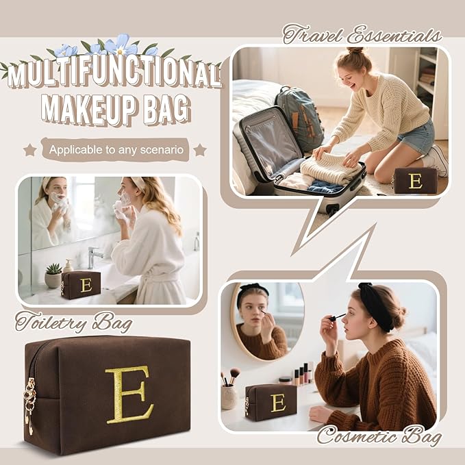 Personalized Initial Makeup Bag,Preppy Suede Cosmetic Bag for Teen Girls,Small Monogram Travel Toiletry Bag With Gold Embroidered Letter,Trendy Stuff Custom Christmas Gift for Women(Coffee-E)