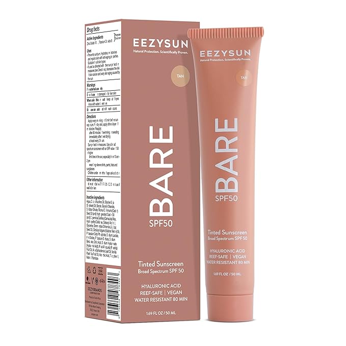 BARE Tinted Sunscreen SPF 50 – Non-Greasy, Water-Resistant, Vegan & Reef-Safe with Hyaluronic Acid & Jojoba Oil – 1.69 fl oz – Tan