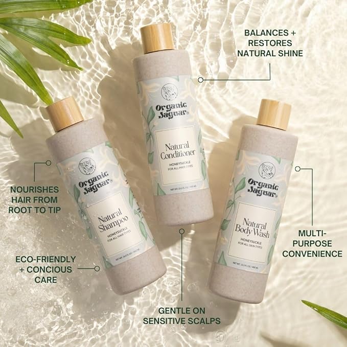 Organic Jaguar Natural Shampoo for Hair Care, Sulfate Free Shampoo with Castor Oil, Honeysuckle, Glycerin, Aloe Vera & Mild Thickening Agent, Dry to Color Treated to All Hair, 13.5 fl oz