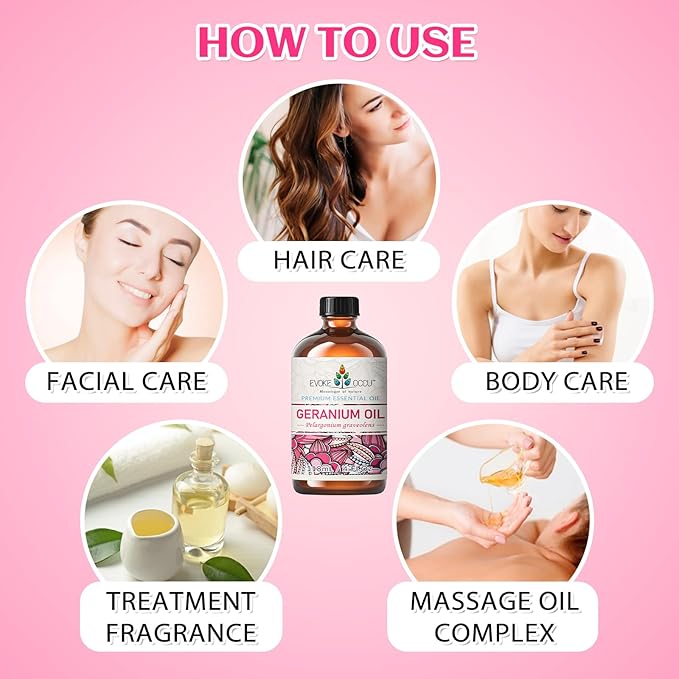 EVOKE OCCU Pure & Natural Geranium Essential Oil for Skin, Hair, Diffuser, Aromatherapy - 4 Fl Oz