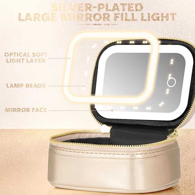 Small Makeup Bag with Led Mirror, Mini Travel Make up Bag 3 Light Modes Adjustable Brightness, for Women Organizer Cosmetic Bag, Portable Travel Train Toiletry Bag, for Pool Parties Work Touch-Ups
