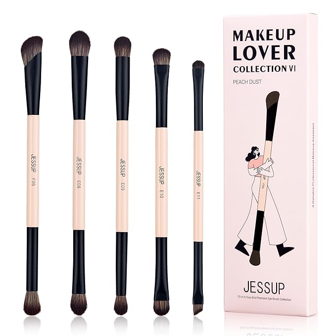 Jessup Makeup Brushes 5pcs Double Ended Eyeshadow Brush Contour Blending Eyeliner Eye Shader Brush, Vegan Fiber Precision Eye Brush Set Peach Dust T509