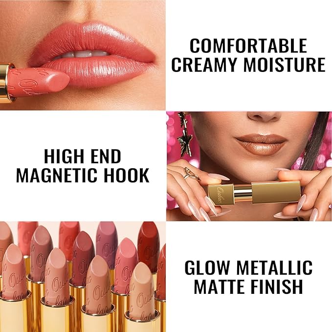 Oulac Matte Pinky Nude Lipstick with Glow Metallic Finish - Vegan Lipstick for Women, Creamy Texture, Hydrating Clean Beauty Formula, High-End Magnetic Hook Design, GM02 Ethereal