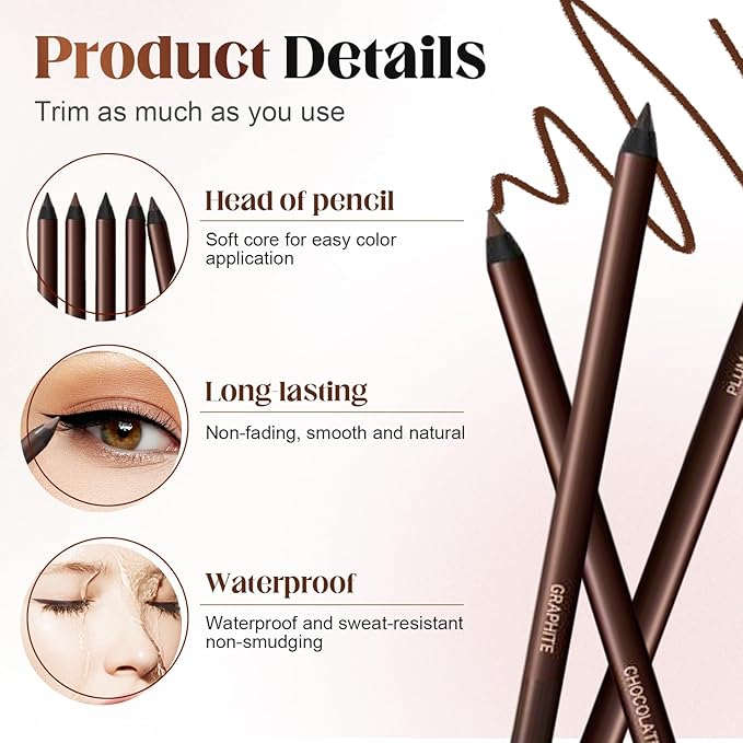 Eyeliner Pencil, Long Lasting Smudge-Proof Professional Eyeliner, Smooth and Easy to Apply, Effortlessly Create Any Look (Brown)