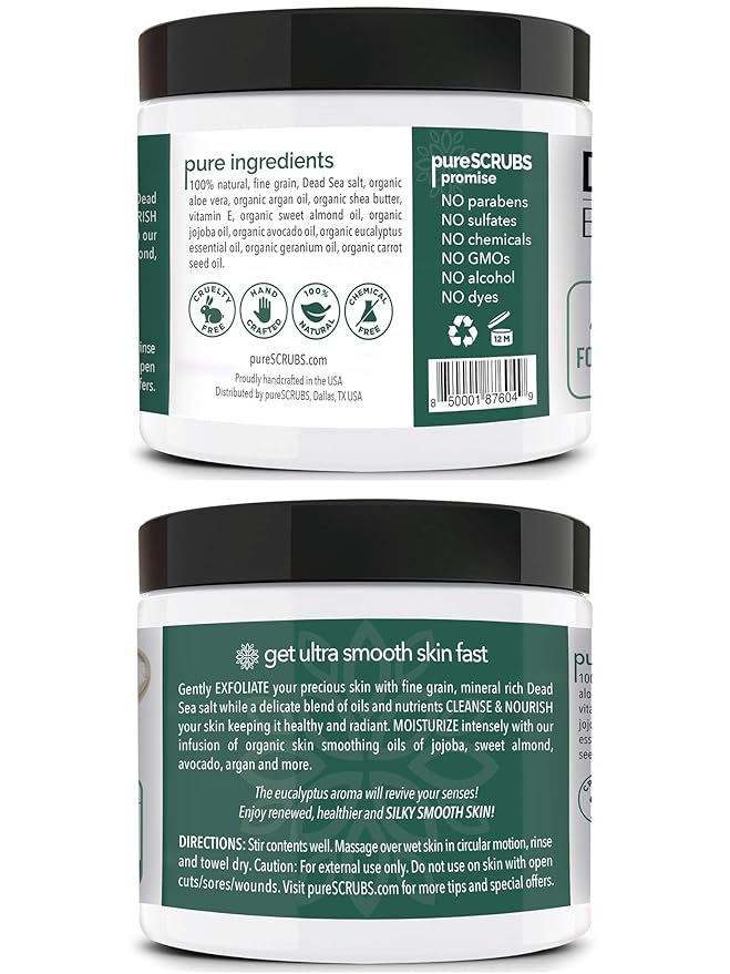 pureSCRUBS Premium Eucalyptus Body Scrub Set - Large 16oz Dead Sea Salt Body Scrub With Infused Essential Oils & Nutrients, Includes Wooden Spoon, Loofah & Oatmeal Exfoliating Bar Soap