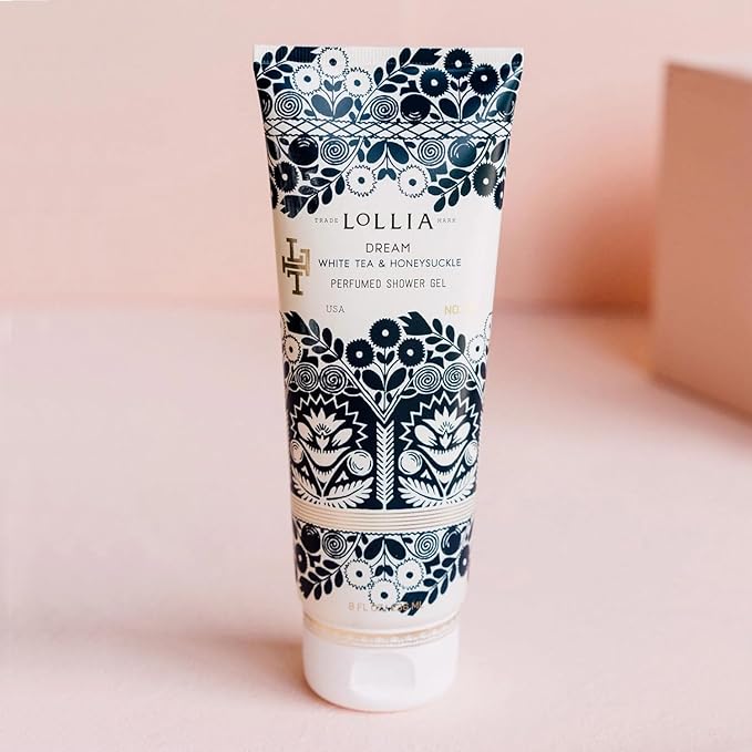 LOLLIA Dream Shower Gel, 8 fl oz, White Tea & Honeysuckle, Luxury Shea Moisture Hydrating Women's Body Wash, Delicate & Relaxing Scented Bath Soap for Self Care