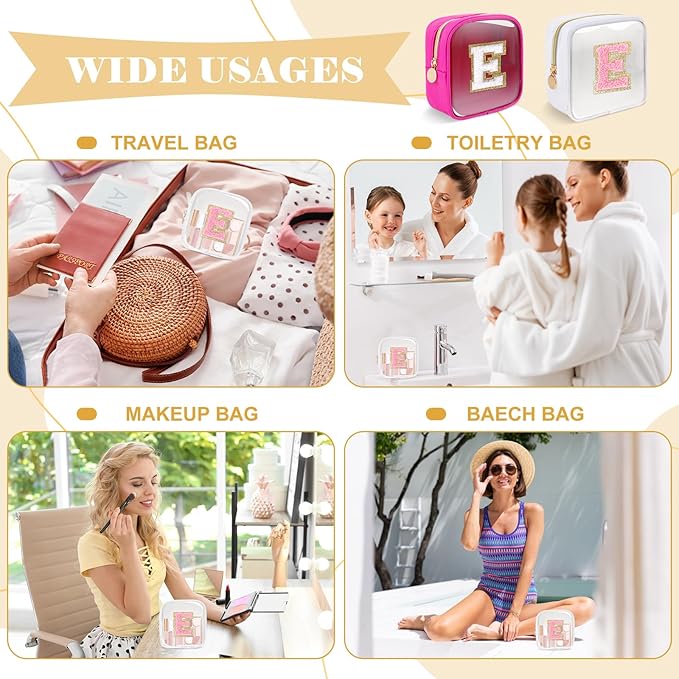Personalized Initial Letter Clear Preppy Makeup Bag,Mini Nylon Chenille Letter Cosmetic Bag Cute Zipper Pouch Purse for Teen Girls,Portable TSA Approved Beach Travel Essentials Bag Gift for Women,E