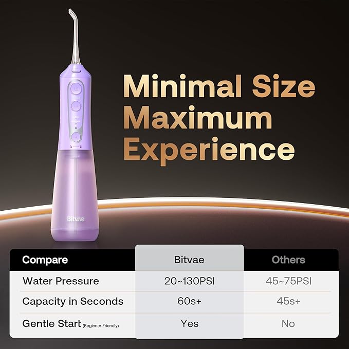 Bitvae Water Dental Flosser Teeth Pick, Cordless Flosser for Travel with 6 Jet Tips, 3 Modes 5 intensities, IPX7 Waterproof Portable & Rechargeable Oral Irrigator Cleaner, Purple