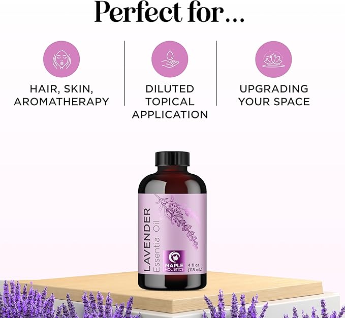 Pure Lavender Essential Oil - Lavender Oil for Hair Skin and Nails Plus Aromatherapy Diffusers Humidifiers Linens and Baths for at Home Spa Self Care - Premium Grade Non-GMO in Glass Bottle (4 Fl Oz)