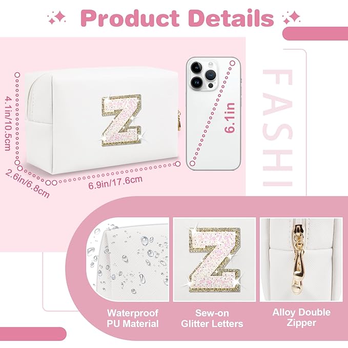 Small Initial Patch Makeup Bag Personalized Gifts Make Up Bag,White Cute PU Leather Glitter Letter Cosmetic Bag with Zipper,Trendy Portable Travel Toiletry Pouch,Preppy Stuff for Teen Girls Women Z