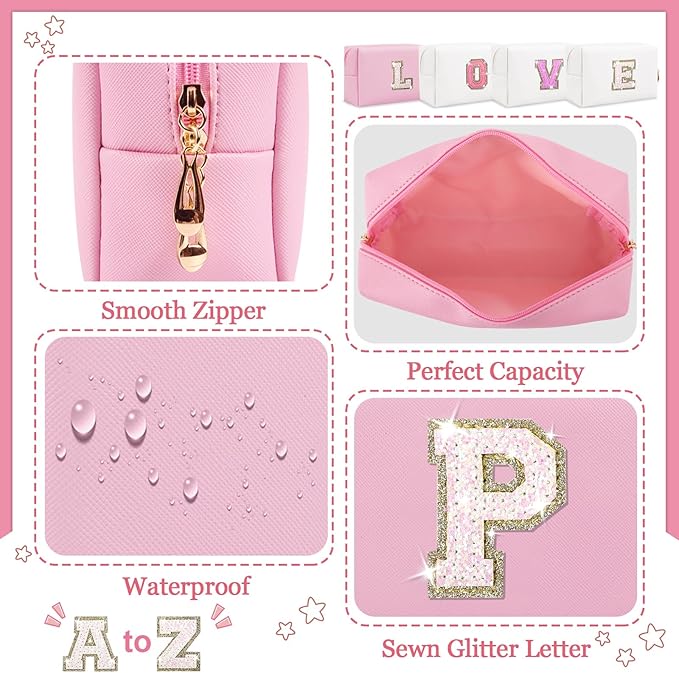 Personalized Initial Letter Makeup Bag, Small Preppy Glitter Letter Cosmetic Pouch PU Waterproof Zipper Travel Toiletry Bag, Unique Letter Patch Makeup Organizer Gift for Women Teen Girls(Letter P)