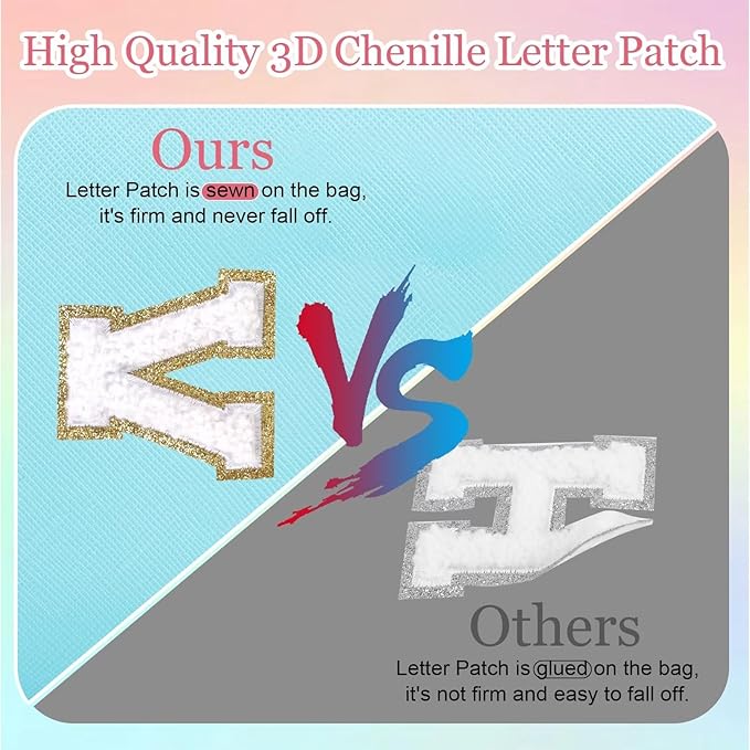 Small Personalized Letter Makeup Bag, Cute PU Leather Chenille Letters Cosmetic Bag Travel Makeup Pouch, Preppy Travel Organizer Zipper Pouch for Women&Girls（Blue-D）