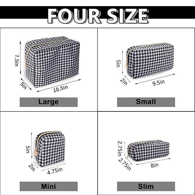 Small Pencil Case Makeup Bag for Purse, Cute Pencil Pouch Nylon Preppy Houndstooth Makeup Brush Bag with Zipper, Girl Portable Stationery Storage Case Small Pen Bag for Office School(Slim-Houndstooth)
