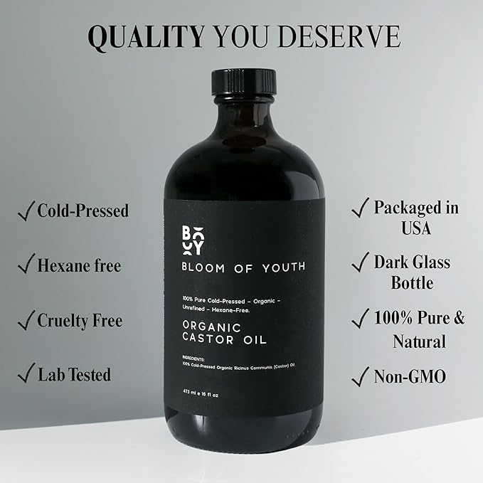 100% Pure Cold Pressed Organic Castor Oil, Glass Bottle 16oz | Hexane Free, Unrefined, USDA Certified | For Hair Growth, Skincare, Castor Oil Pack, Face, Joints, Carrier Oil, Eyelashes, Eyebrows