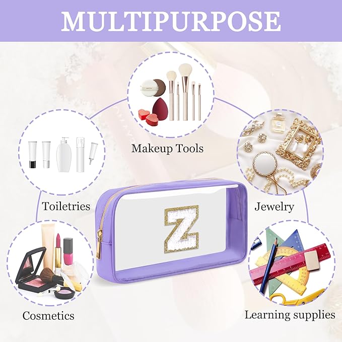 Small Clear Personalized Initial Makeup Bag, Preppy A-Z Chenille Letter Patch Cosmetic Bag, Cute Transparent Nylon Waterproof Zipper Beach Varsity Letter Pouch, Gift for Women Girls(Purple-White Z)