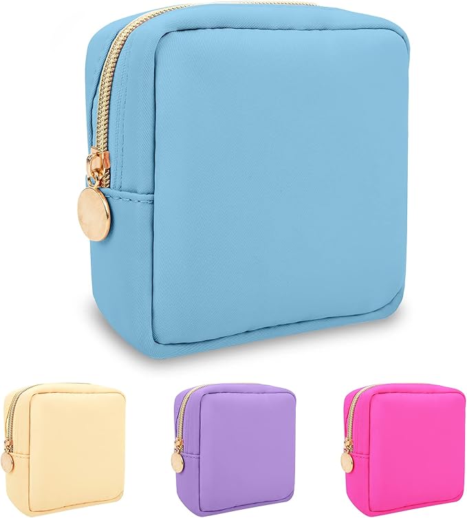Nylon Mini Makeup Bag for Purse, Preppy Small Cute Makeup Bag Cosmetic Zipper Pouch Purse, Waterproof Travel Coin Pouch Sanitary Napkin Storage Bag Clutch Make Up Organizer Bag for Women Girls(Blue)