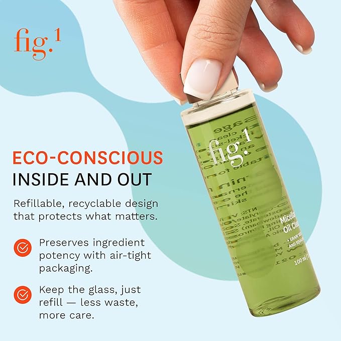 Fig.1 Hydrating Oil Cleanser for Face Refill | Micellar Makeup Remover with Grapeseed & Squalane, Deep Cleansing Oil-Based Formula, Non-Stripping & Refillable, 3.4 Fl/oz