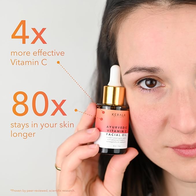 Ayurvedic Vitamin C Face Oil with Rosehip Oil, Bakuchiol, Ashwagandha, and Squalane, Hydrating, Brightening, and Repairing Serum for Dark Spots, Fine Lines, and Wrinkles, Clean Luxury Skincare