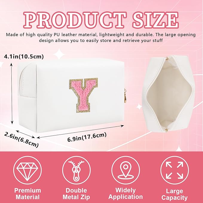 Personalized Initial Letter Patch Makeup Bag, Preppy Portable Chenille Letter Cosmetic Bag with Zipper, PU Leather Waterproof Travel Toiletry Bag Monogram Make Up Pouch for Women Girls(Letter Y)